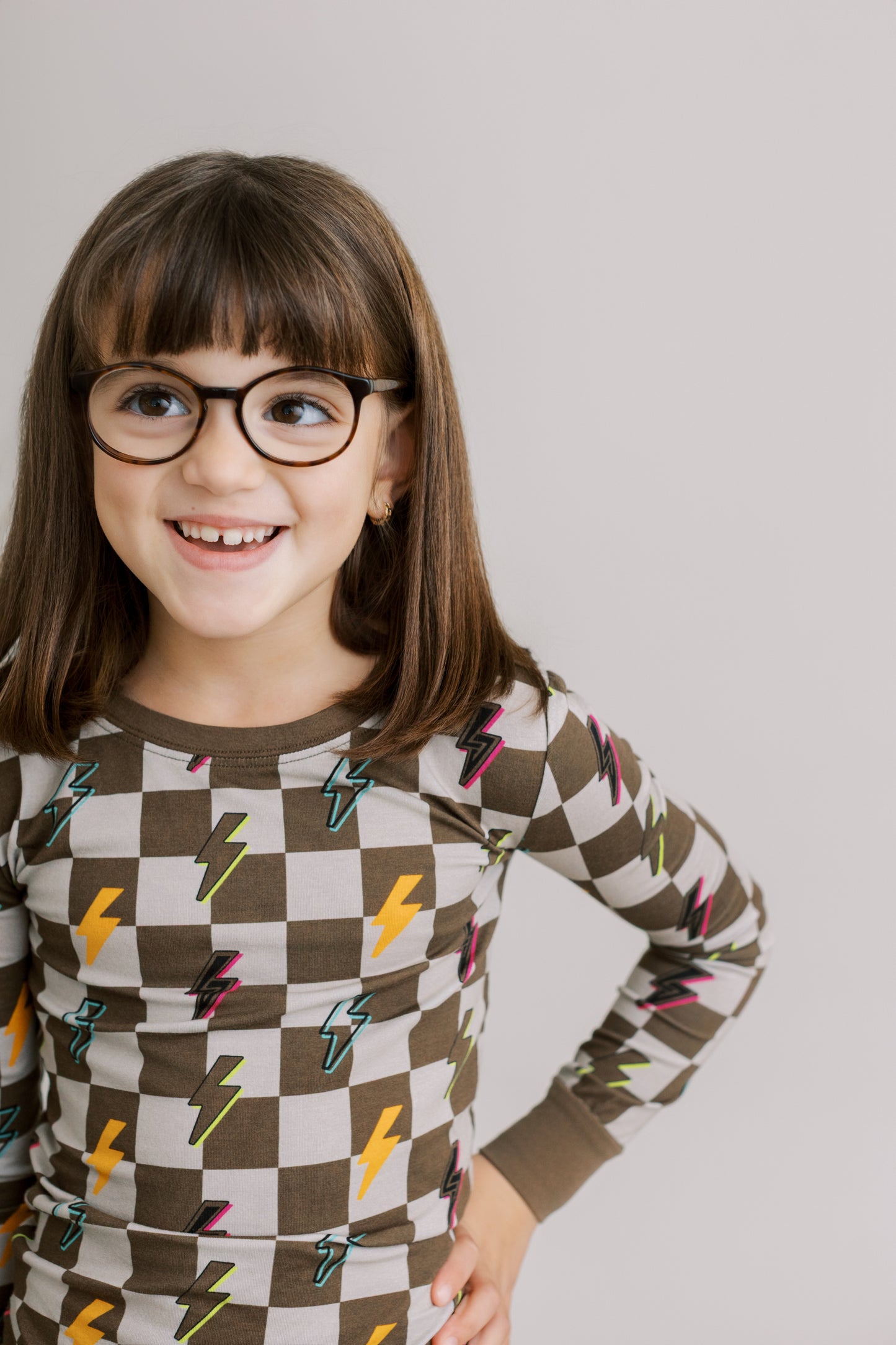 Two Piece Pajama Set: Checkered with Lightning Bolts