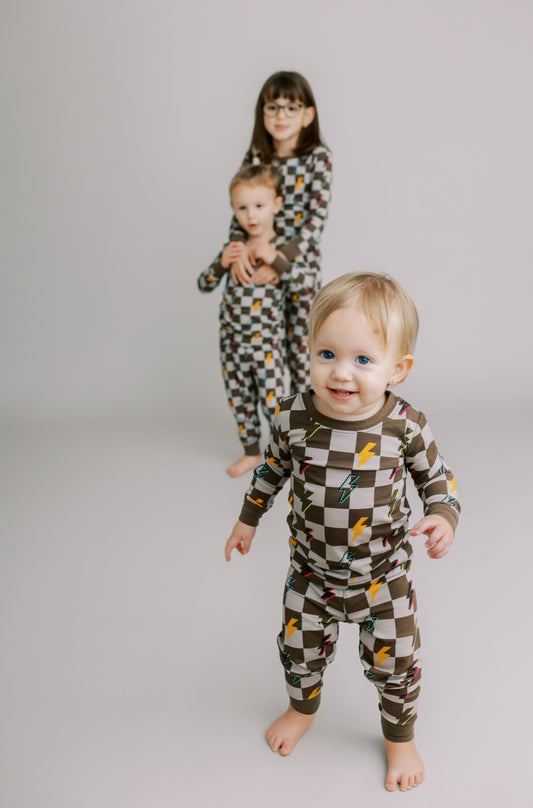 Two Piece Pajama Set: Checkered with Lightning Bolts