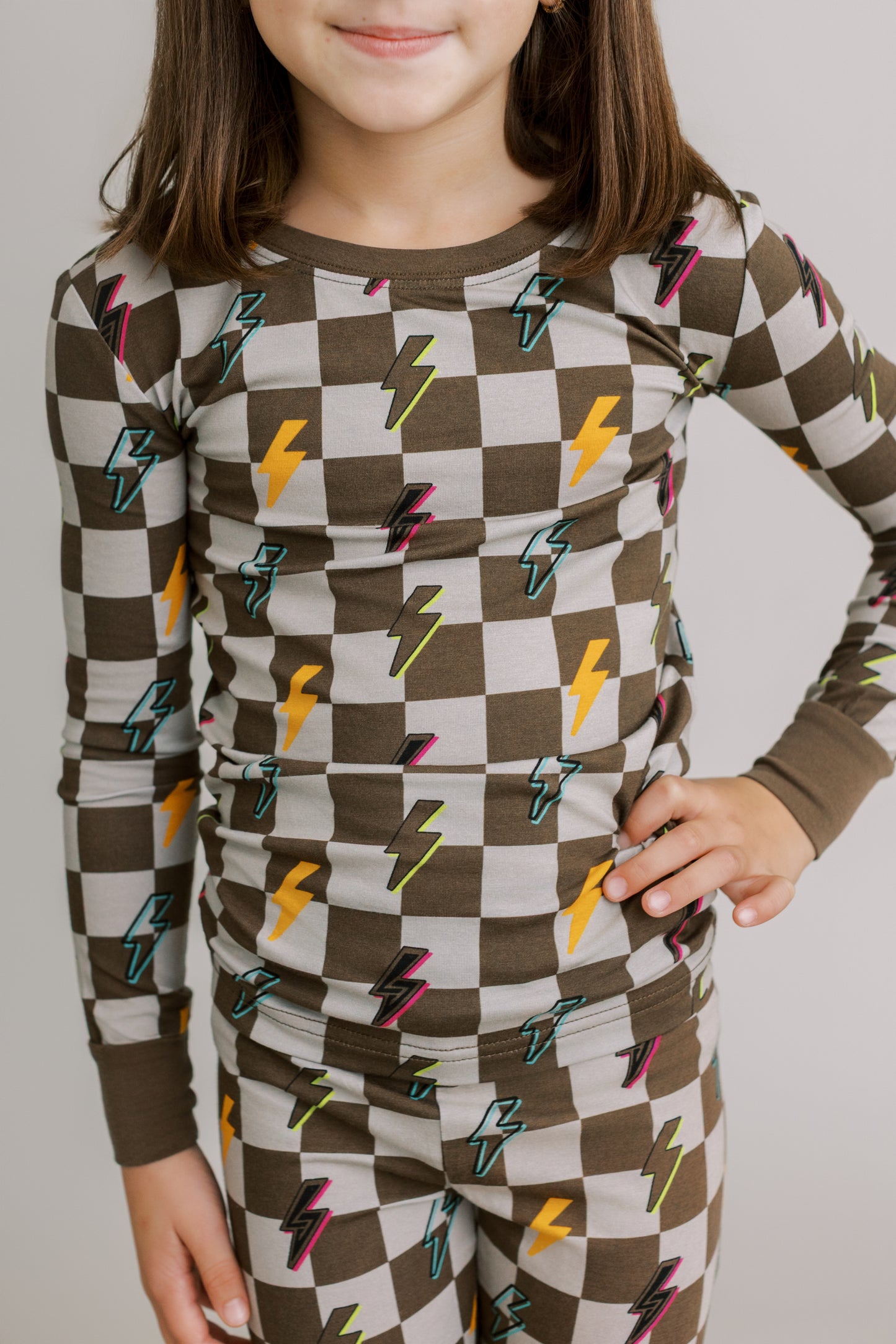 Two Piece Pajama Set: Checkered with Lightning Bolts